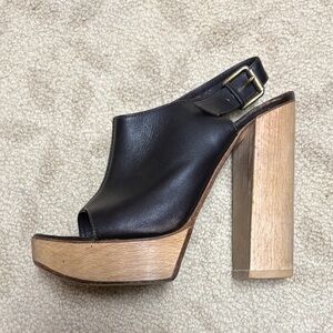 Chloe Black Leather Wooden Platform Slingback Heels